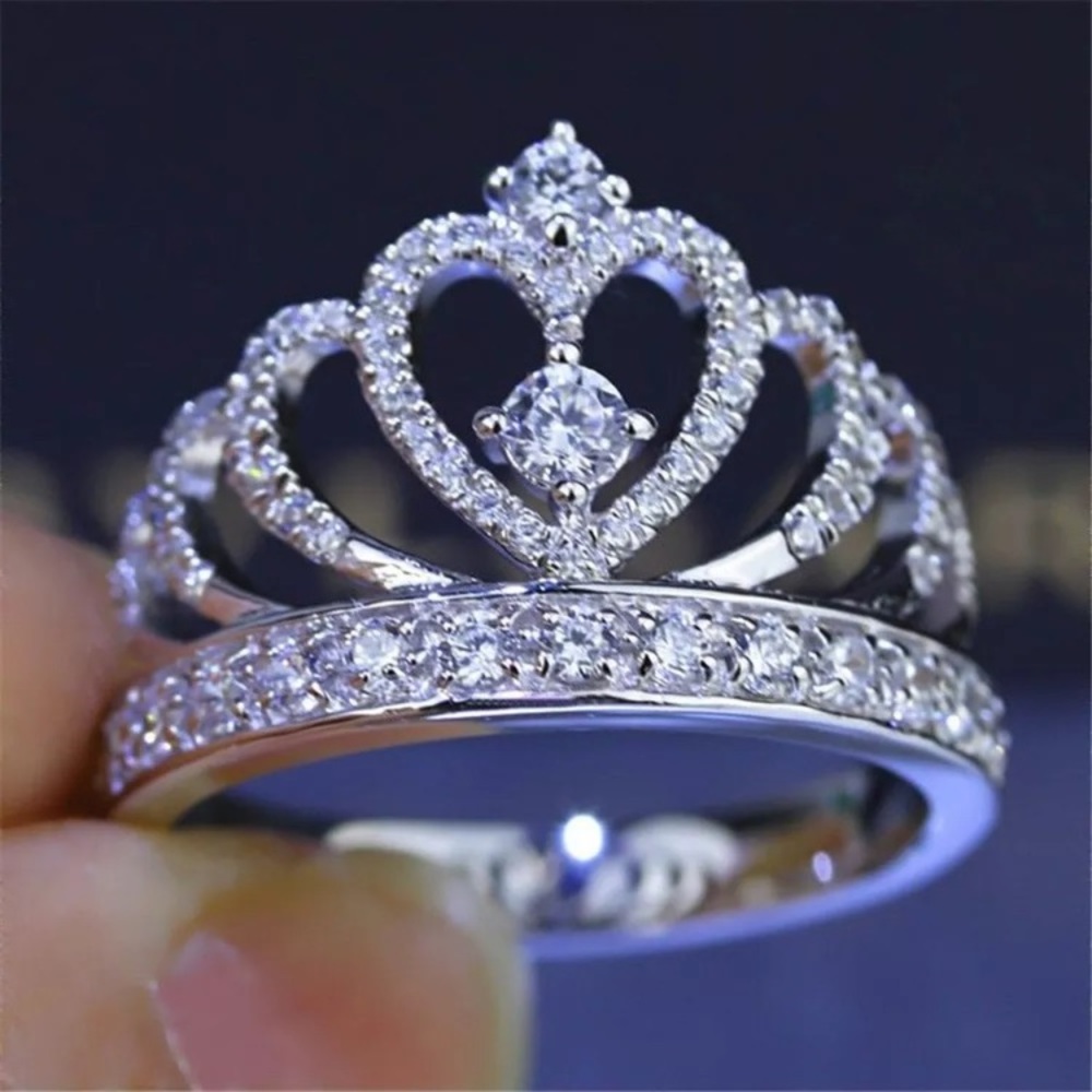 White Sapphire & Crown Birthstone Silver Ring - Picture 3 of 5